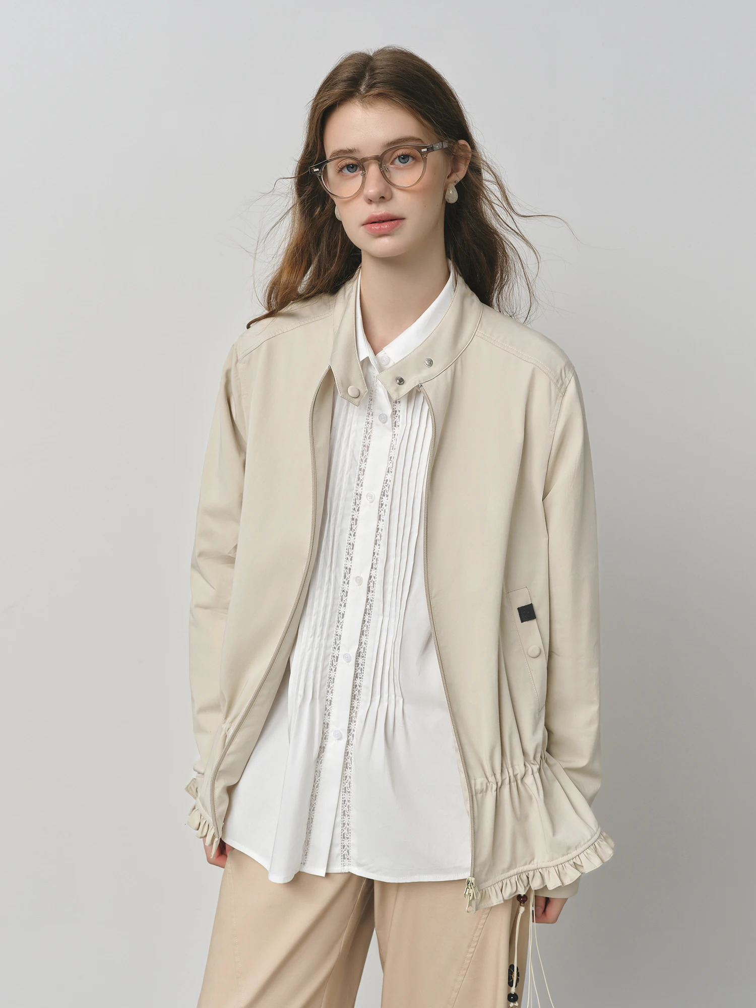 Women Straight Shoulder Stand Collar Jacket Autumn Korean Style Drawstring Sweet Flower Bud Coat 25FS13144 250729