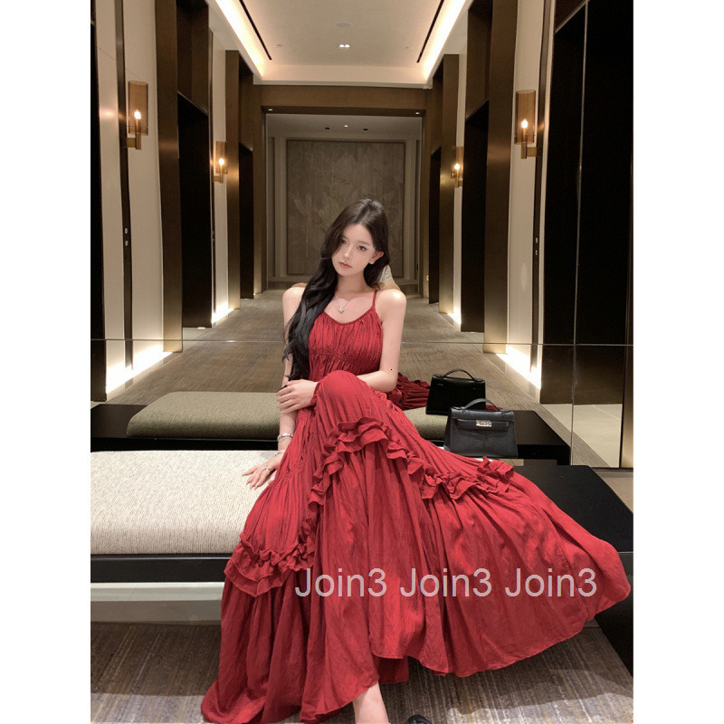 2025 Summer New Fashion Socialite Vacation Sexy Ruffled Lace Strap Flared Dress Long Dress for Women
