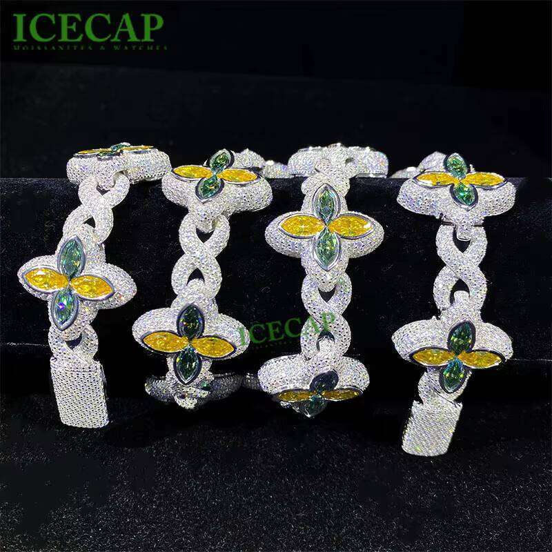 Hot Sale New Design 14MM Sterling Sier Clover Bracelets Iced Out Hip Hop Infinity Colored Moissanite Cuban Bracelet