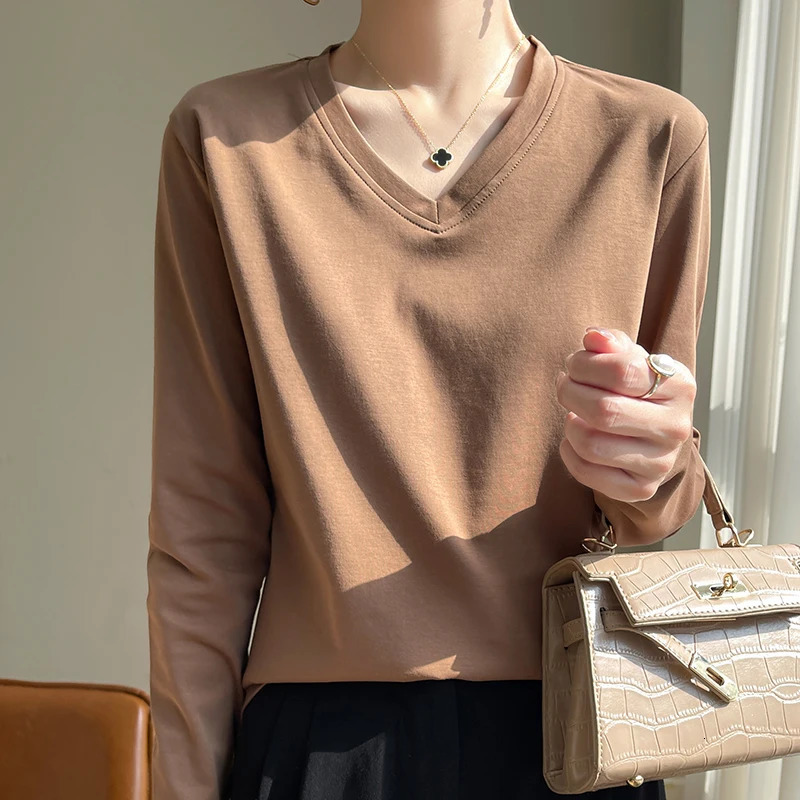 100% Mercerized Cotton VNeck TShirt Womens Long Sleeve Loose Plus Size Solid Color Base Shirt 250729