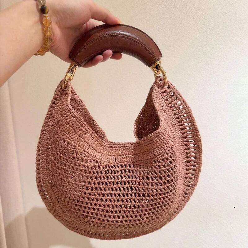 Brand Handmade Raffia Crescent Leather Handle Underarm Shoulder Bag For Women Boho Chic Handheld Hobo Purse Elegant Clutch
