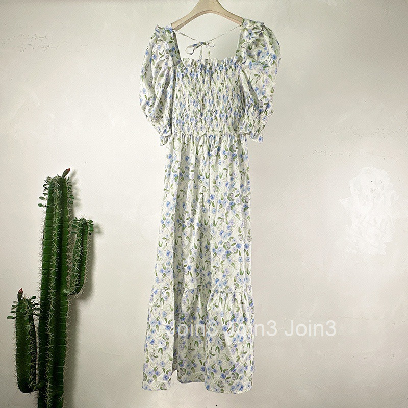 Summer New Fashionable Floral Skirt Elastic High Waist Short Sleeve Printed Dress Mid-Length A-Line Skirt