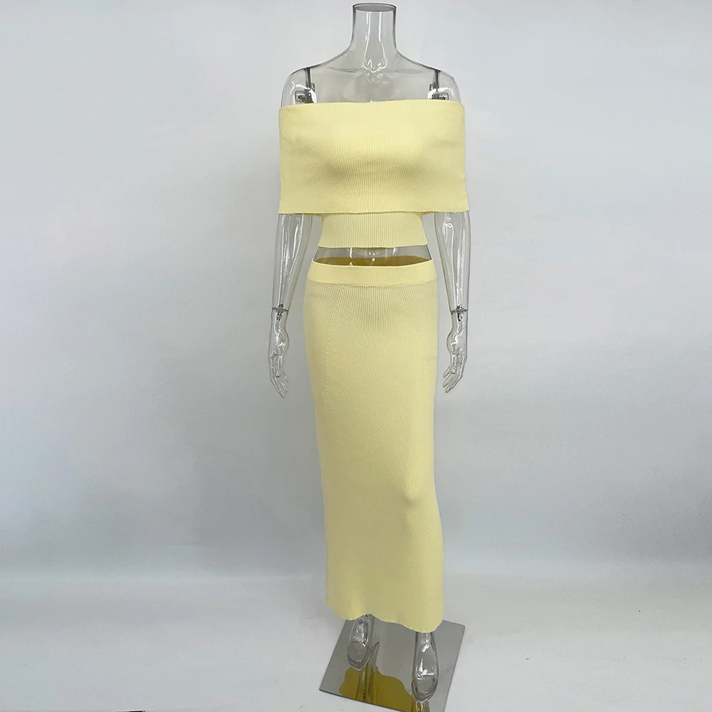 Tuularose Knitted Skirt Twopiece Set Womens Summer One Shoulder Sleeveless Top High Waist Slit Casual Lady Set 250729