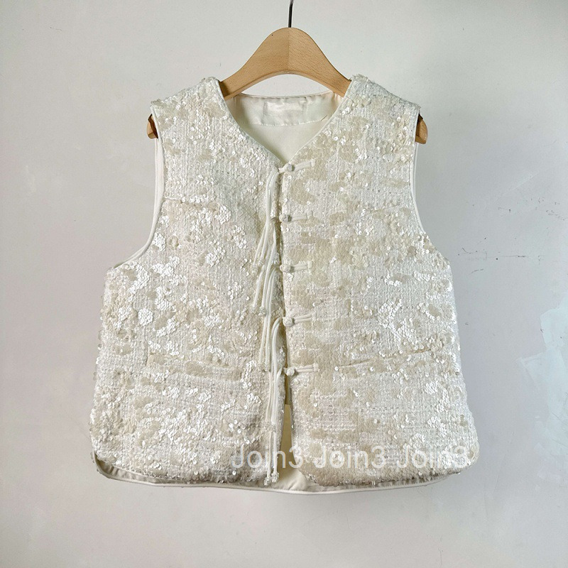 Summer New Fashionable Niche Design Sequin Vest National Style Button Sleeveless Top Heavy Craft Vest for Women