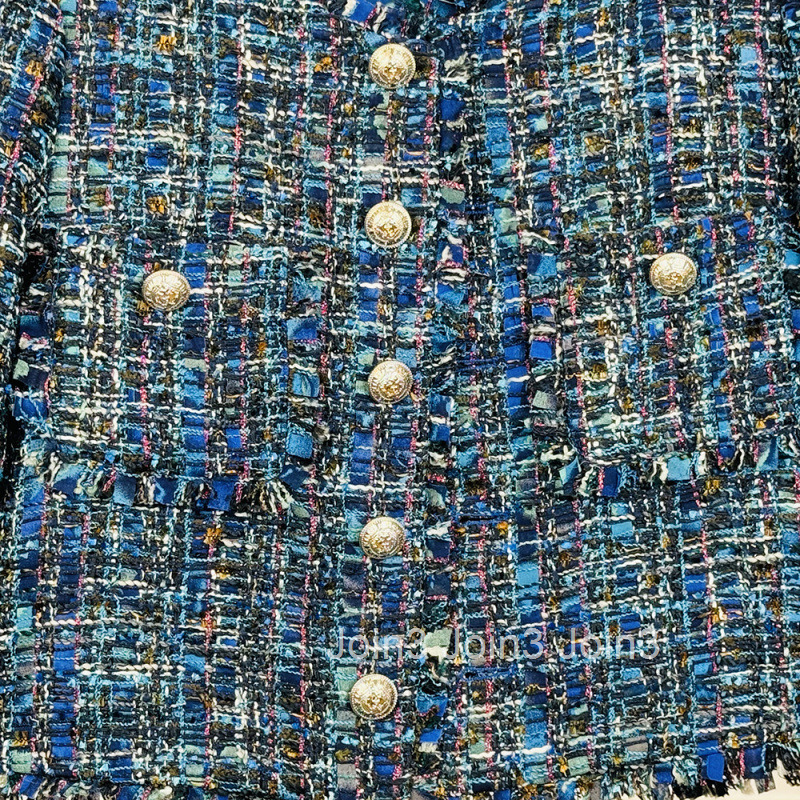 Winter New Style Little Fragrance Demon Blue High-Quality Elegant High-End Tweed Round Neck Knitted Long Sleeve Short Coat for Women