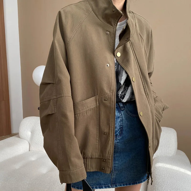 Womens Fashion Lightweight Oversized Cargo Jacket Stand Collar Multi Pocket Streetwear Casual Outerwear Coat 250729