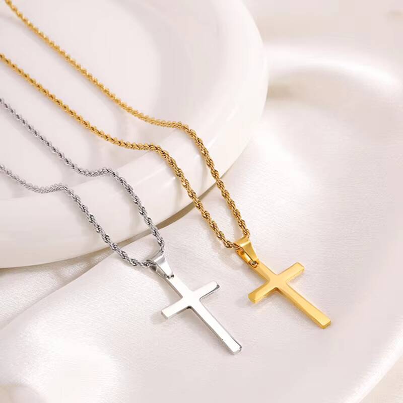 Minimalist Tarnish Free 18k Gold Silver Stainless Steel Twisted Rope Chain Cross Pendant Necklace Men Women