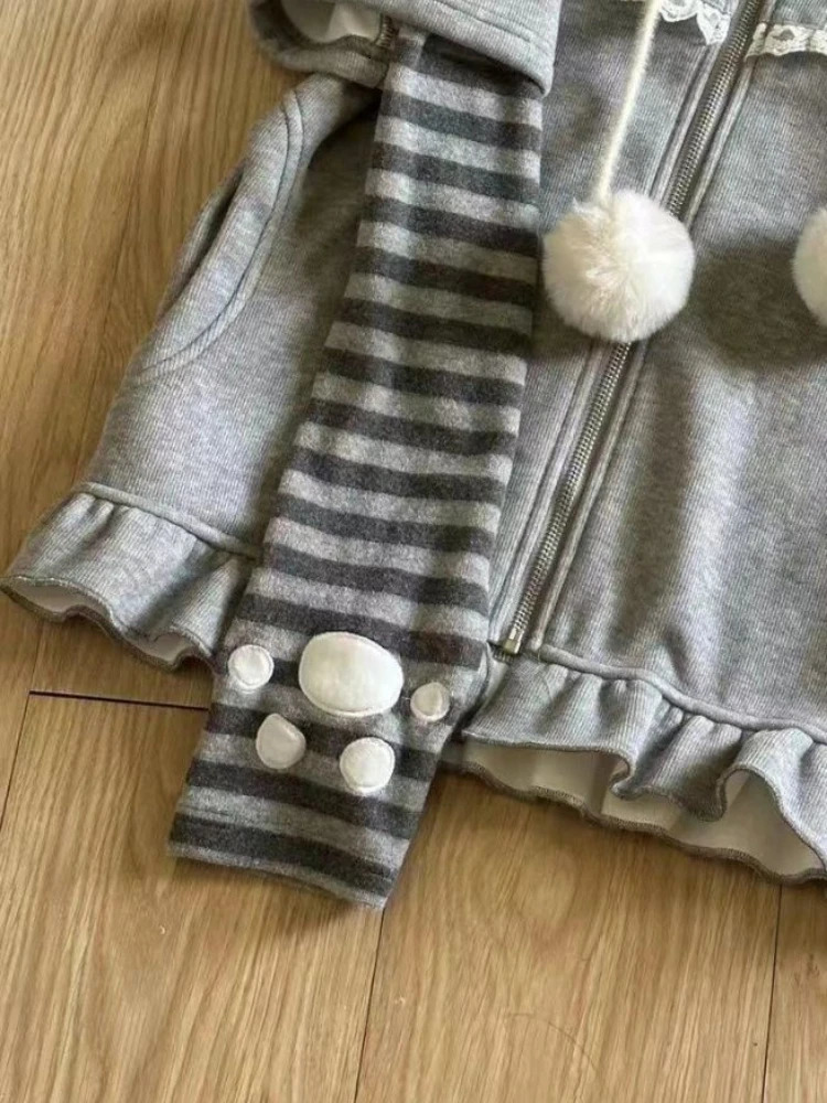 Harajuku Stripe Hoodies Women Kawaii Tops Cat Ear Hooded Jacket Grunge Streetwear Lace Patch Y2k Aesthetic Zipper Sweatshirt 250729