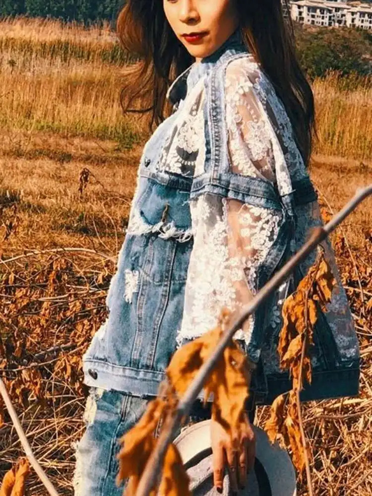 XFPV Women Sweet 3D Flower Embroidered Lace Spliced Loose Short Denim Sunscreen Coat Y2k Korean Fashion Summer 2025 SM11222 250728