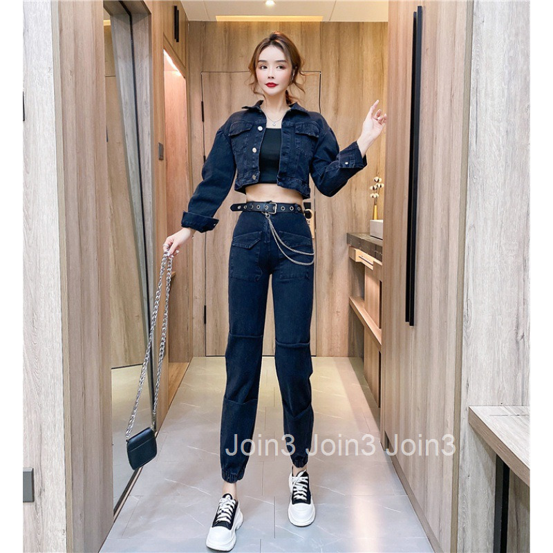Autumn Winter New Fashionable Slim Fit Long Sleeve Denim Short Jacket Top + Long Pants Set for Women