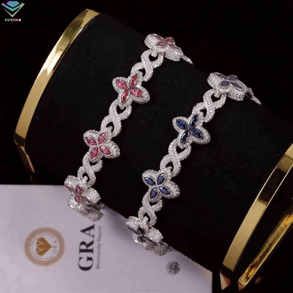 Hot Sale New Design 12MM Sterling Sier Clover Bracelets Iced Out Hip Hop Infinity Colored Moissanite Cuban Bracelet