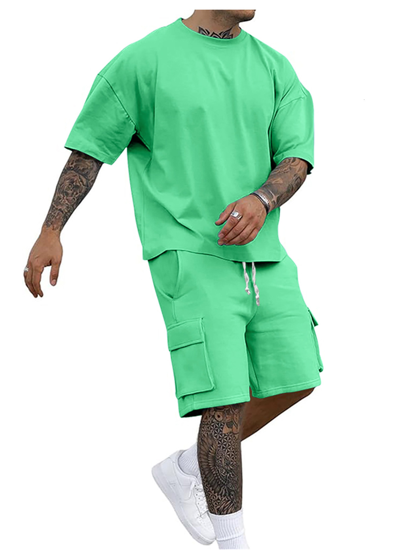 Mens summer loose fashion casual sports mens T-shirt short sleeved shorts two-piece set