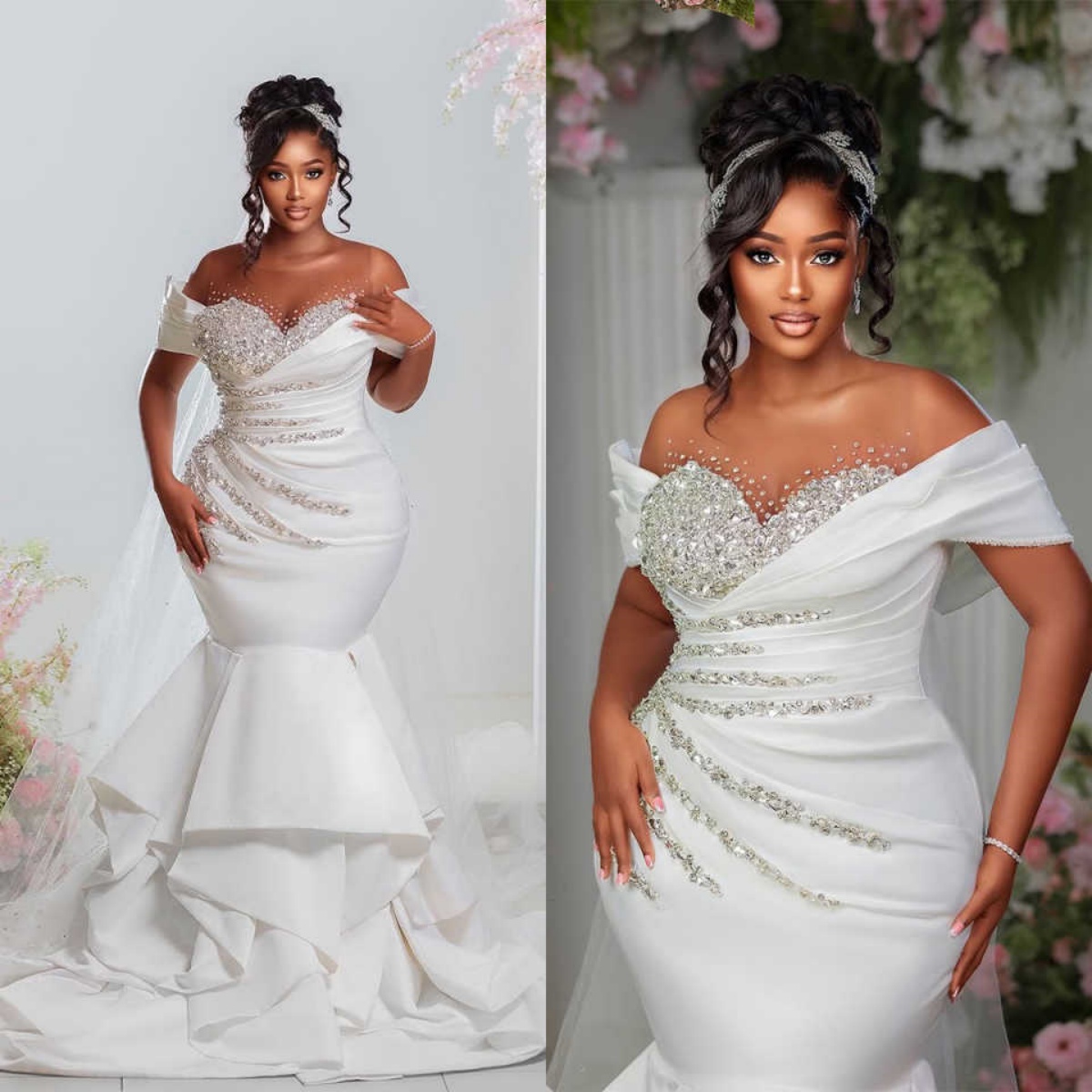 Sparkly Mermaid Wedding Dresses Sleeveless Luxury Crystal Ruched Ruffles Sweep Train Bride Gown Customsized Vestidos De Novia