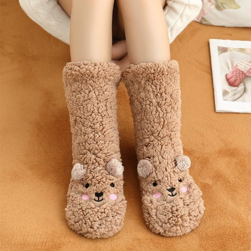 Floor Socks Women Autumn and Winter Velvet Coral Fleece Socks Sleep Home Slippers Snow Socks Confinement bear Carpet Socks