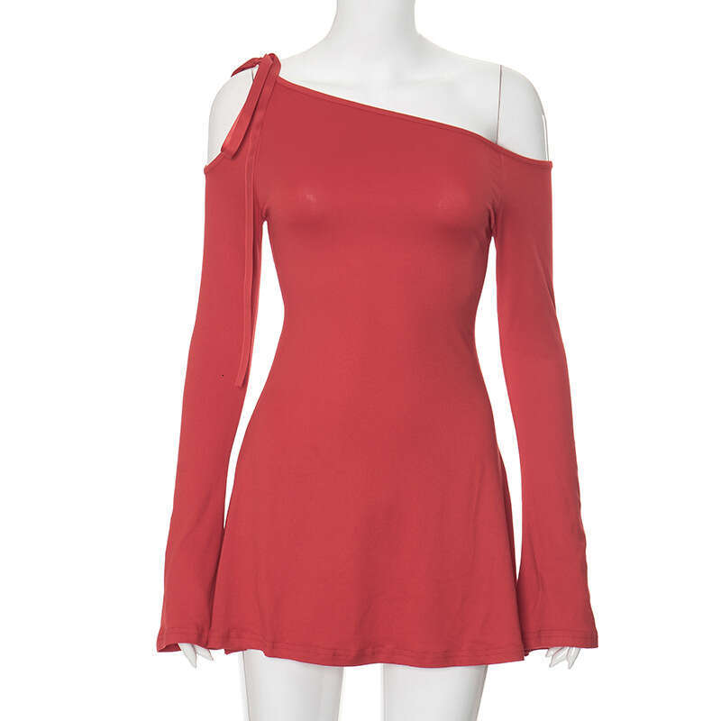 Y23ds389 Style Women's Autumn New Single Shoulder Tie Off-Shoulder Long Sleeve Ruffle Bodycon Dress B5