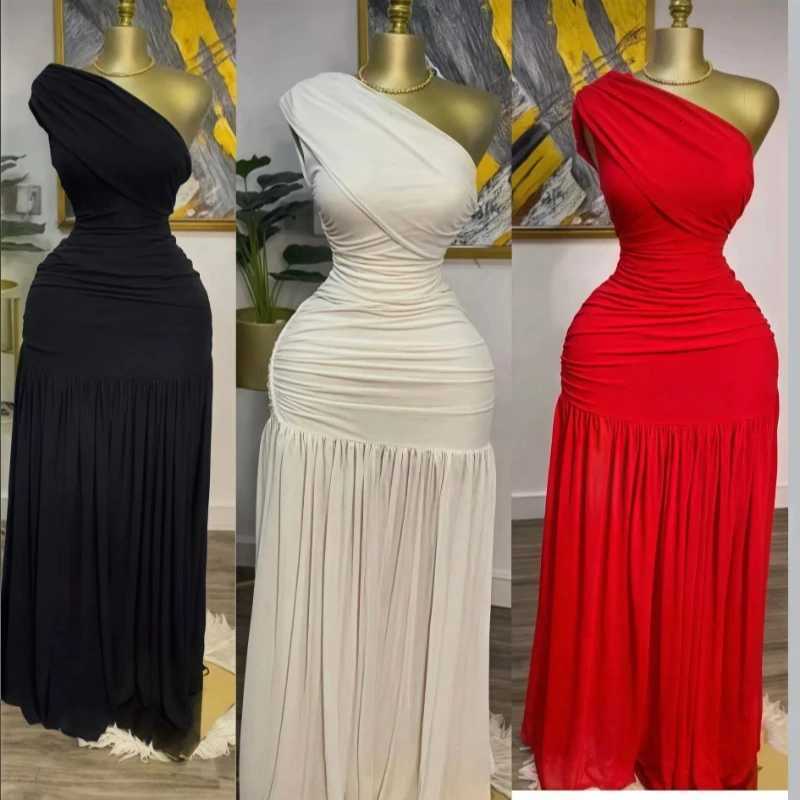 2025 Women One Shoulder Skew Neck High Split Pleated Hem Bodycon Long Maxi Dress Evening Sexy Club Party Dresses Vestido Z250728