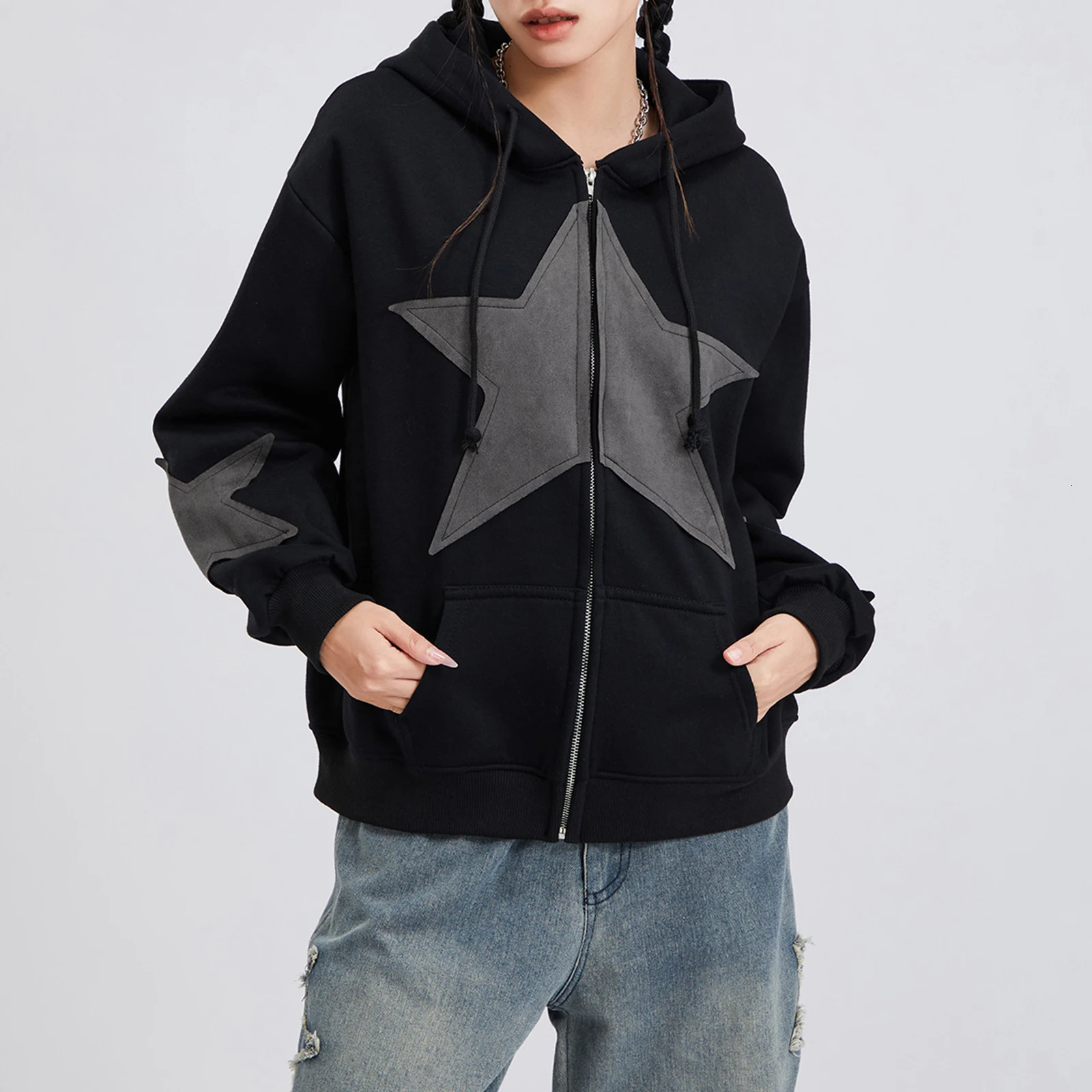 Vintage Star Print Drawstring Hoodies Womens Autumn Casual Loose Long Sleeve Zip Up Hooded Coats Street Harajuku Outerwear 250729
