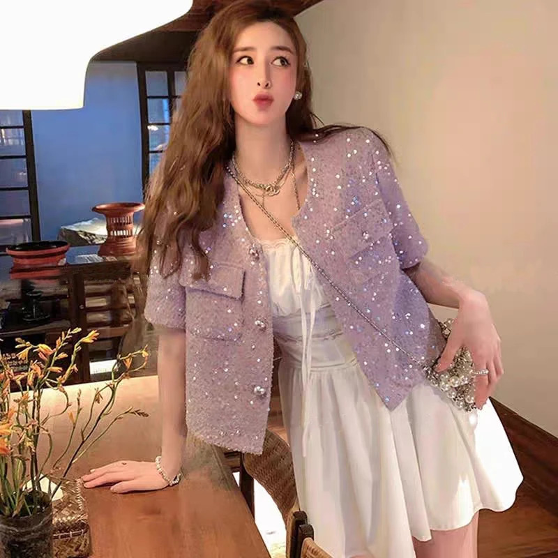 Womens Elegant Shiny Sequined Short Sleeve Tweed Jacket Lady Summer Streetwear O Neck Single Breasted Pockets Loose Outerwear 250729