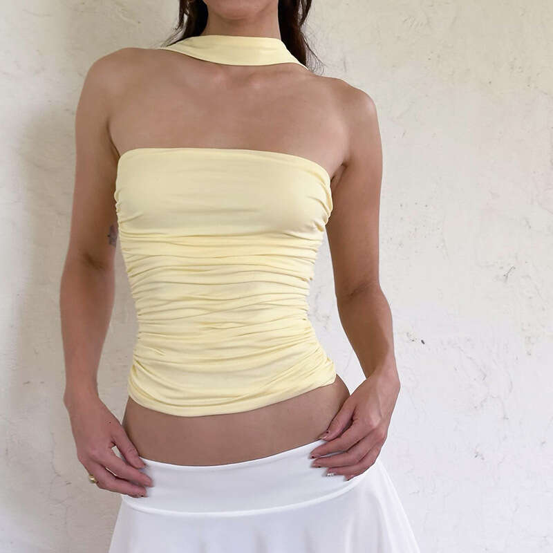 Y25tp146 Women's Fashion Summer New Solid Color Halter Neck Ribbon Strapless Sexy Tank Top B5