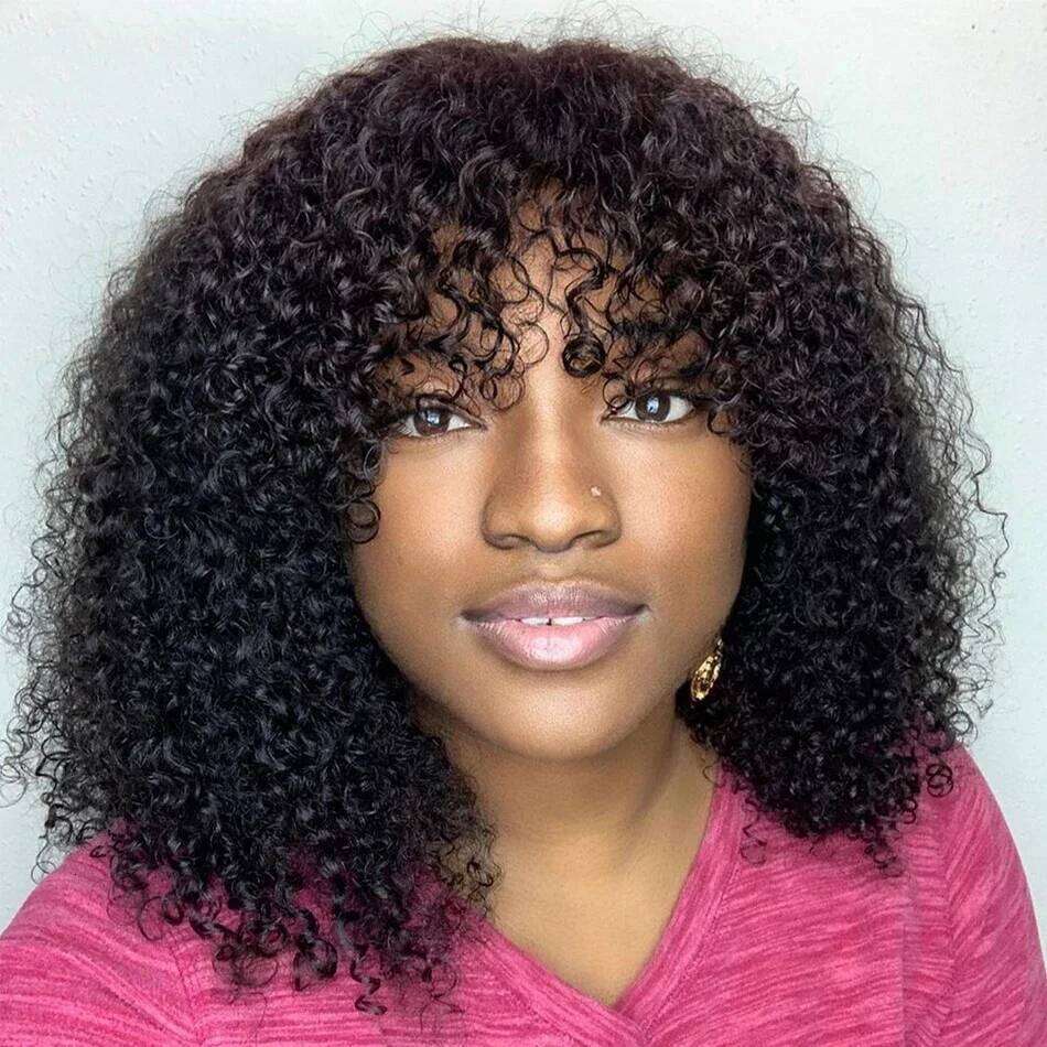 Brazilian Kinky Curly With Bangs Full hine Made Wigs Cheap Remy Human Hair Culry Glueless Wig For Women