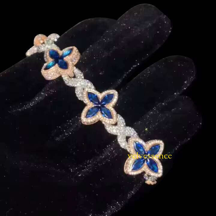 Charming Colorful Marquise Eye Moissanite Four-Leaf Clover Sier Cuban Chain Men's Women's Jewelry Bracelet Bangle