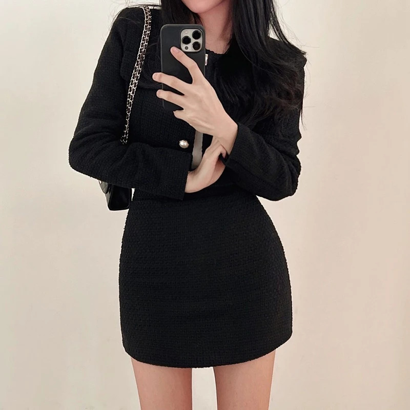 Chic Solid Tweed Two Piece Sets Women Long Sleeve Pearl Buttons Short Jacket and A Line Mini Skirt Set for Autumn Winter Outfits 250729