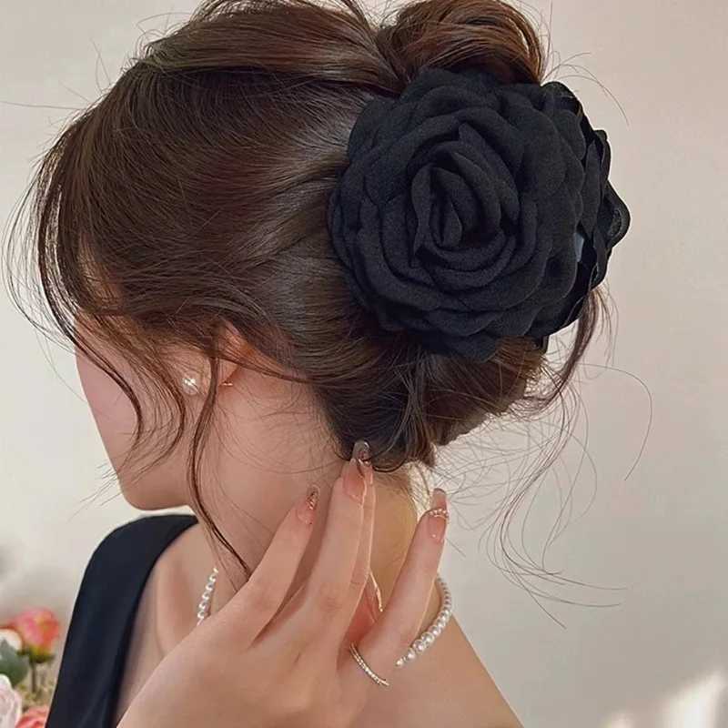 French Romantic Rose Flower Hair Clip Women Elegant Large Shark Clip Hair Claw Ponytail Barrettes Girl Hair Accessories Headwear Z250729