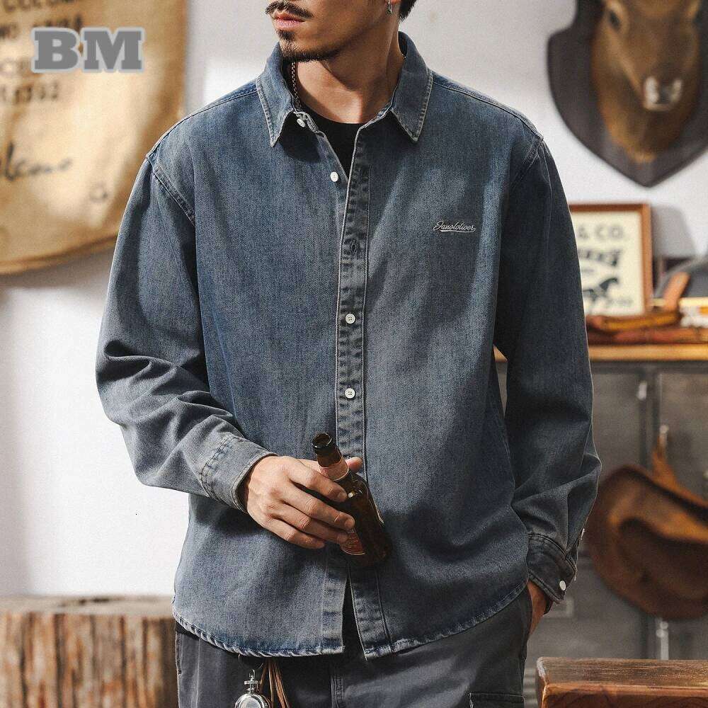 Japanese Vintage Denim Shirt Men Streetwear Lightweight Loose Fit Long Sleeve Blue Casual Coat Spring Fall High Quality Man 250726