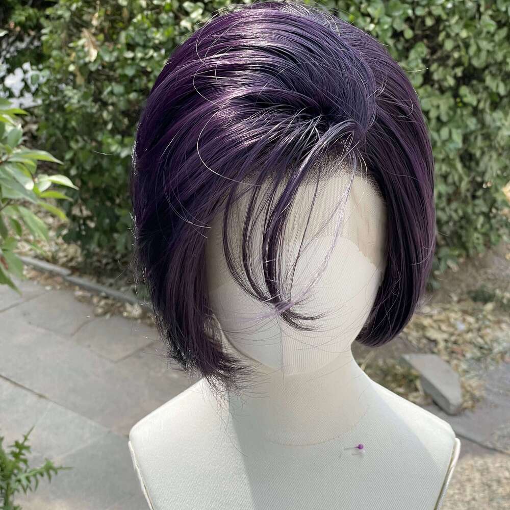 Dark Purple Cosplay 8 Inch Short Bob Cut 13X4 Synthetic Lace Front Wigs For Men Women Heat Resistant Half Hand