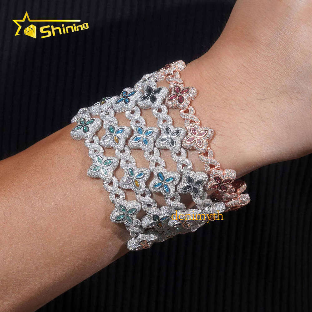 New Design Iced Out Color Cuban Chain Sterling Sier Moissanite 15mm Bracelet Hip Hop Men's Jewelry