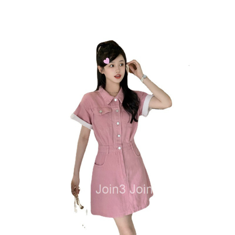 Summer New Womens Workwear Pink Denim Short Sleeve Dress for Petite Women A-line Short Dress