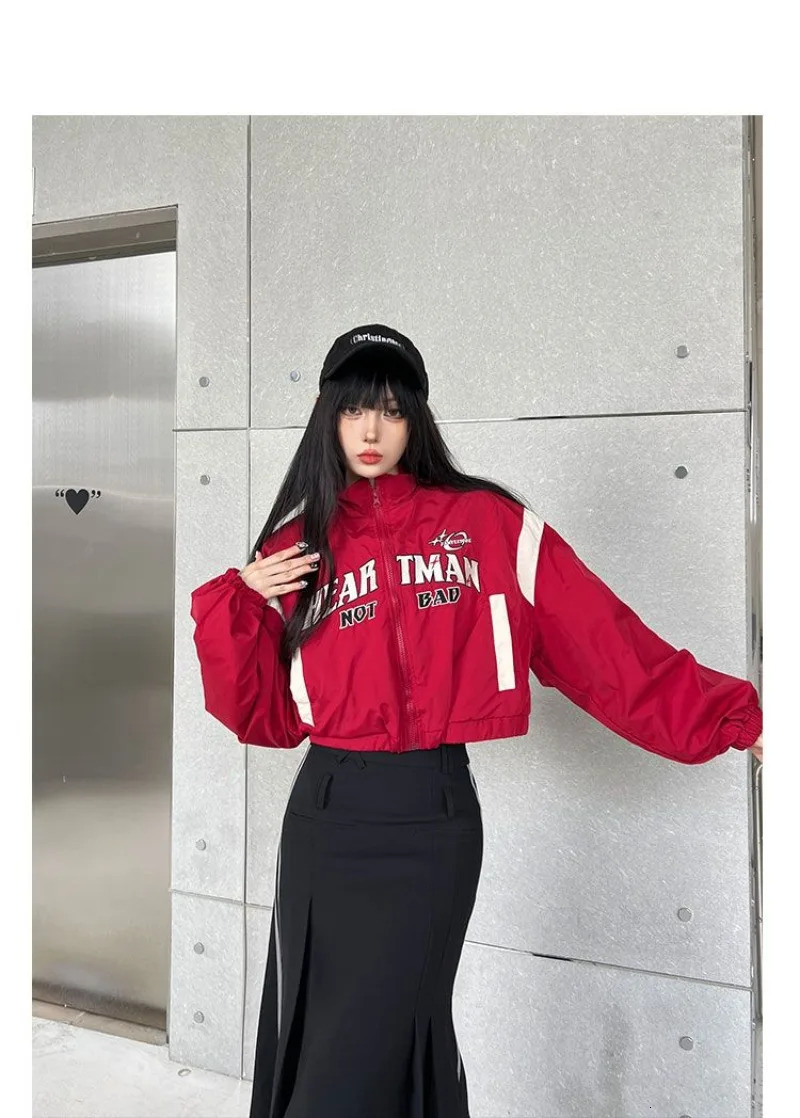 American Retro Spice Girls Short Trench Coat Women Y2K High Waist Motorcycle Wind Red Street Baseball Uniform 250715