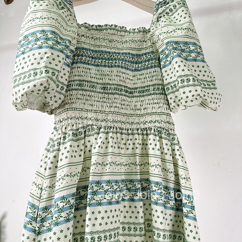 Summer New Off-Shoulder High Waist Slimming Long Dress Ethnic Style Floral Square Neck Puff Short Sleeve Dress