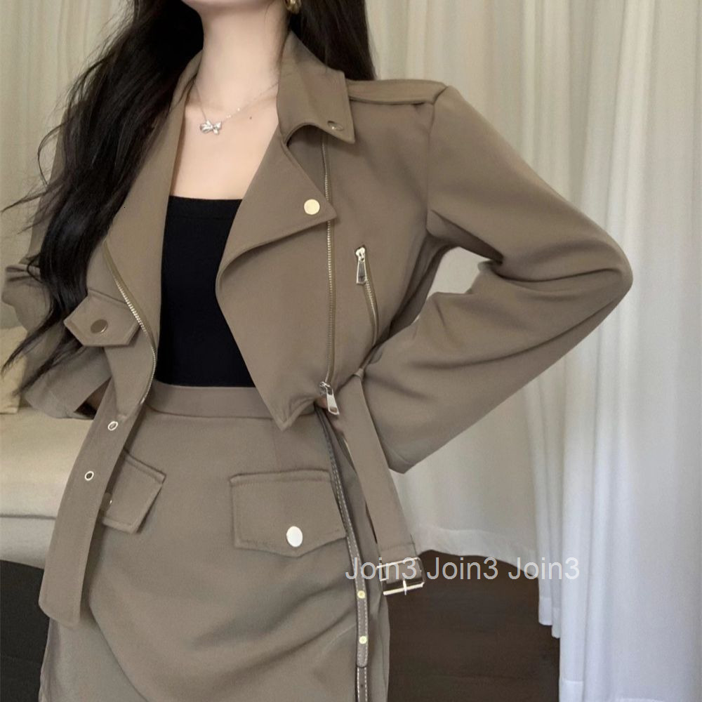Autumn Winter French Style New Trendy Motorcycle Collar Long Sleeve Jacket Short Coat Trench Coat + Skirt Set for Women