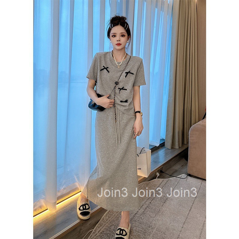 Summer New Plus Size Womens Bowknot Stylish Design Short Sleeve T-Shirt Top + Mid-Length Skirt Two-Piece Set