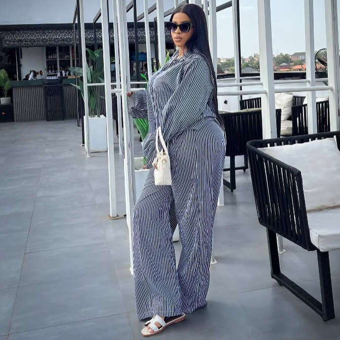 Women's Fashion Striped Button-Up Flared Long Sleeve Shirt Wide-Leg Pants Casual Set For Women B5