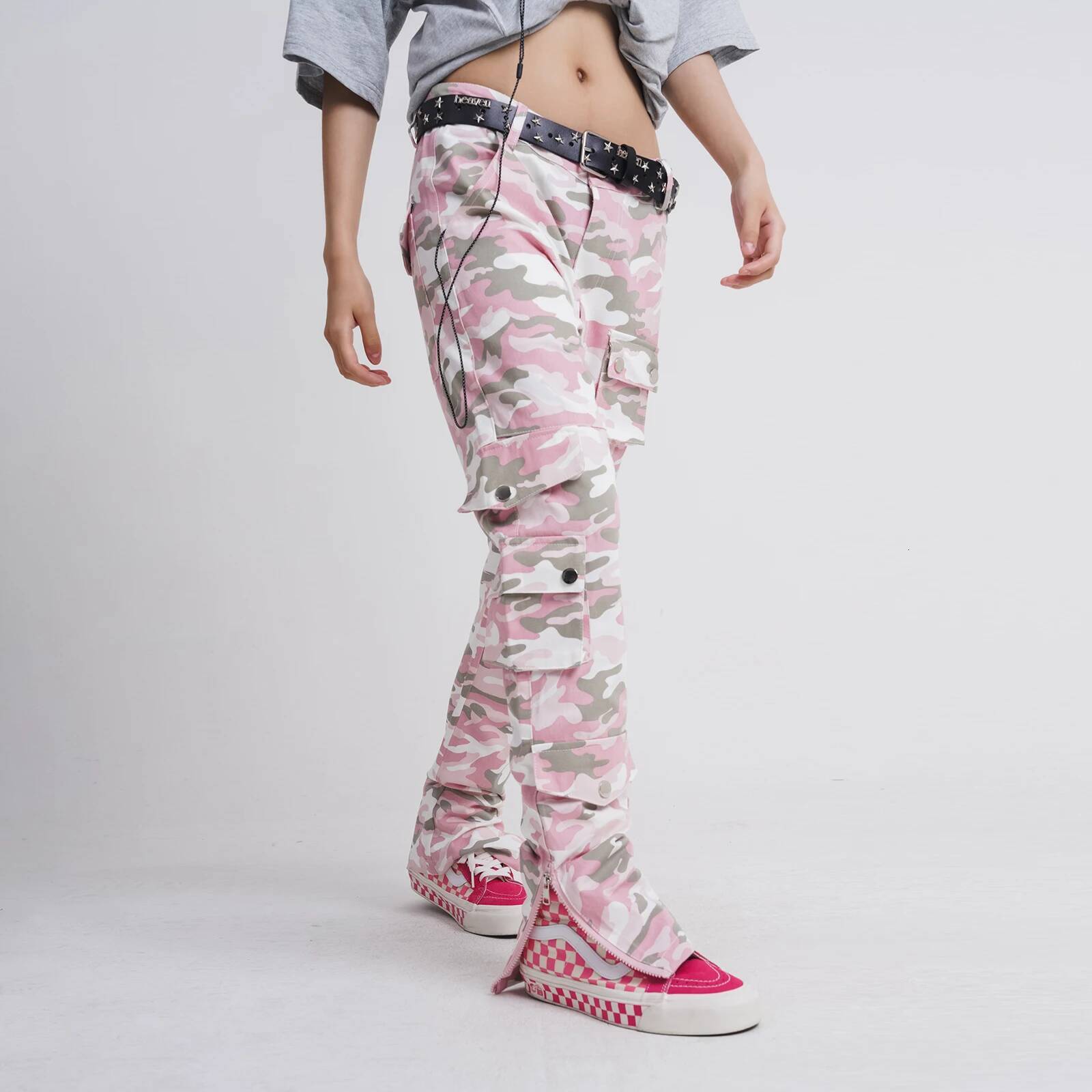 Fashion Streetwear Pink Camouflage Cargo Hip Hop Multi-Pocket Zip Up Trousers Flared Men Y2k Slim Fit Casual Pants Baggy