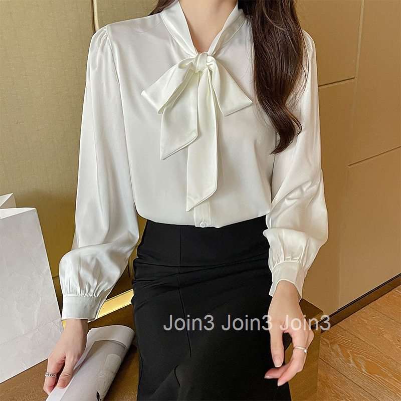Spring and Autumn Socialite Satin Bowknot Shirt Womens Base Layer Niche Professional Elegant Top Blouse Women