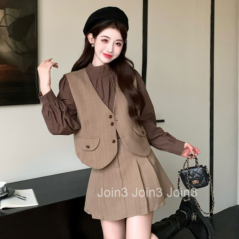 Autumn Winter New Sweet and Spicy Half Turtleneck Long Sleeve Shirt + High Waist Skirt + Vest Three-Piece Set for Women
