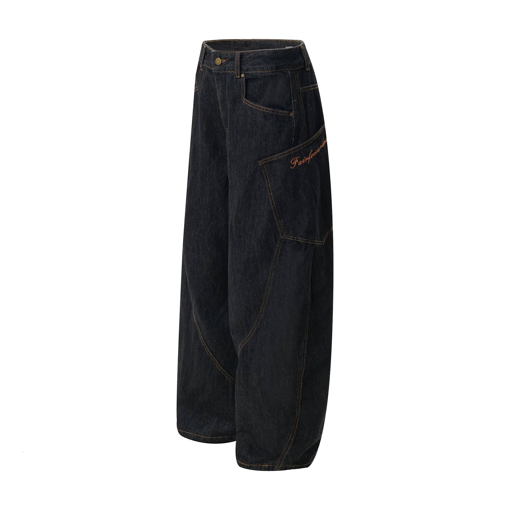 Scottish Plaid Splicing Arc Baggy Y2k Spring And Autumn New Streetwear Washed Oversized Straight Wide Leg Jeans 2024