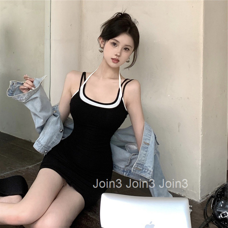 Summer New Sexy Color-Block Edge Hot Girl Camisole Dress Bodycon Outerwear Base Short Skirt