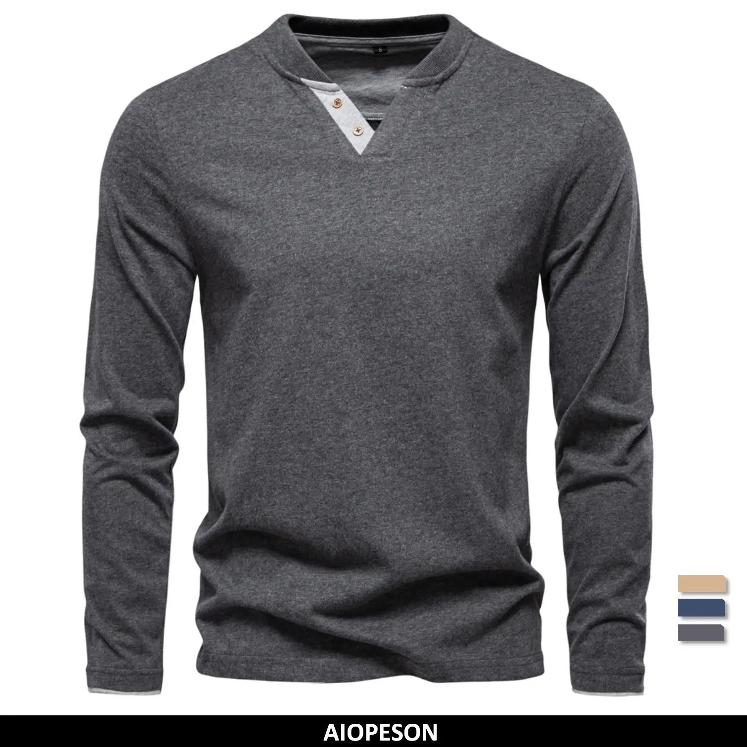 AIOPESON Henley Collar TShirt Men Casual Solid Color Long Sleeve Autumn Fashion High Quality 100% Cotton Mens TShirts 250729