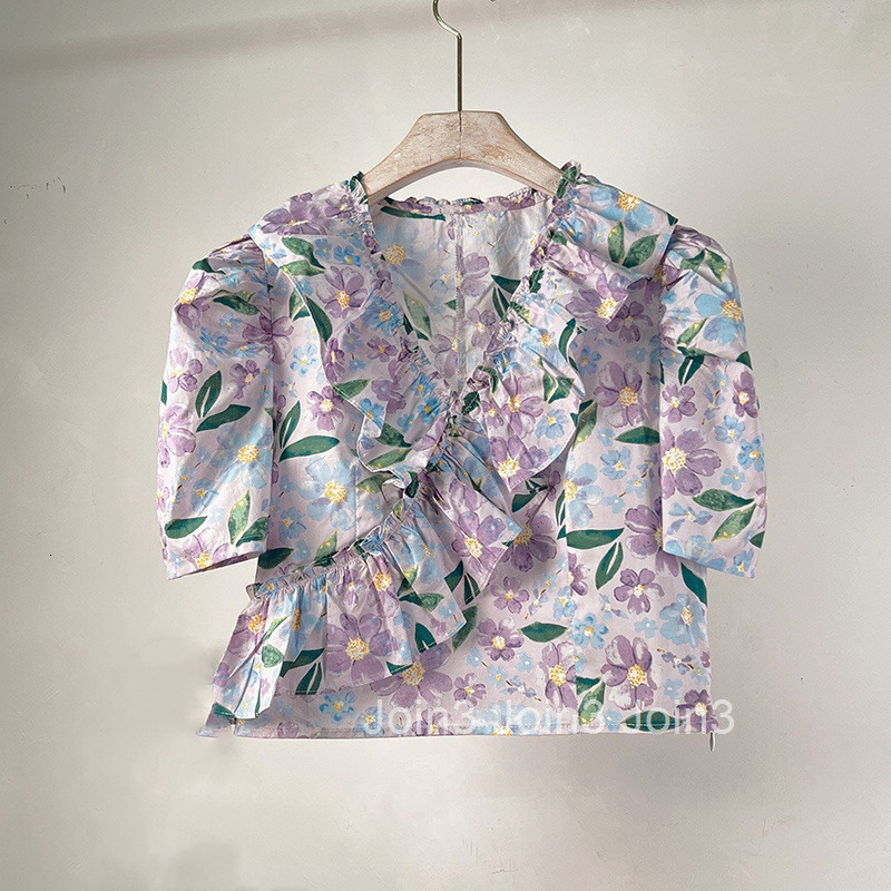 Socialite Little Fragrance Shirt for Women Summer New Korean Chic Short Sleeve Shirt with Ruffled Flower Top Short Style
