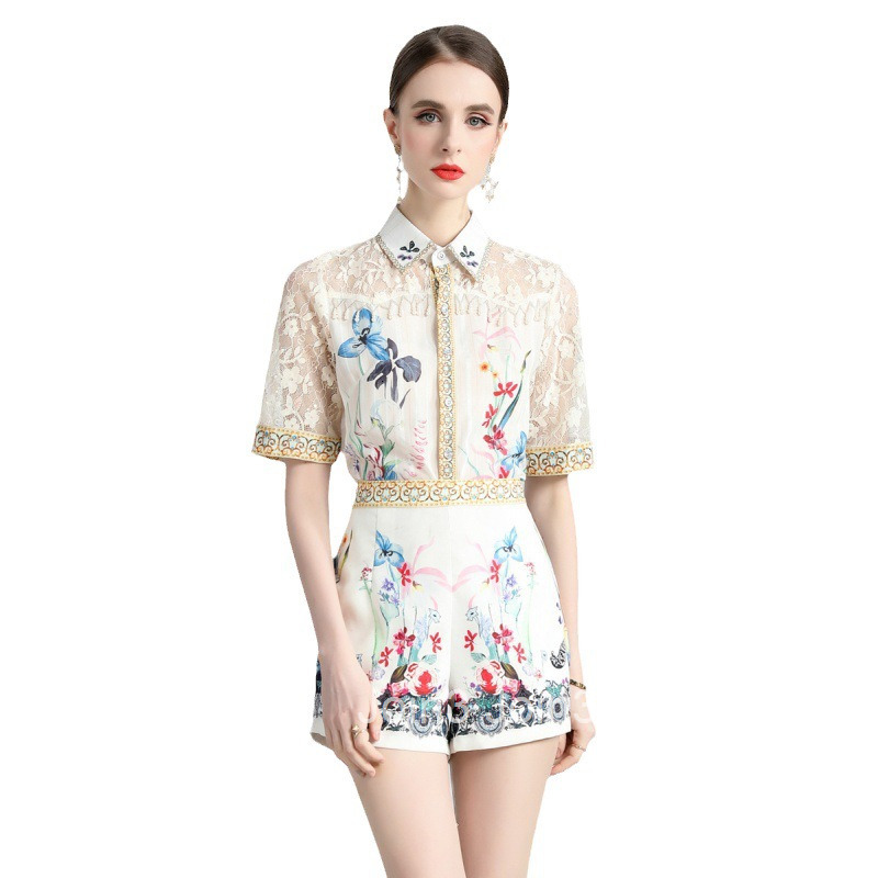 Summer New Plus Size Womens Clothing Printed Lace Patchwork Top Shirt Shorts Fashion Set