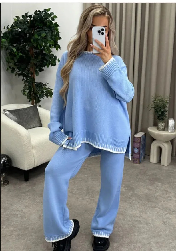Women Knitting 2 Piece Set Casual Loose O Neck Pullover Top Wide Leg Pants Two Outfits Fashion Color Matching Home Suit 250729