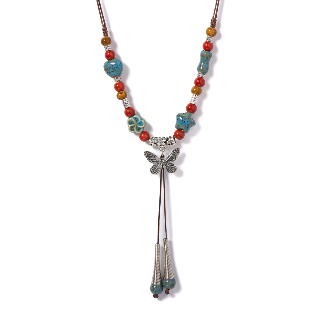Handmade Colorful Butterfly Ceramic Necklace Adjustable Boho Ethnic Jewelry Tassel Pendant Long Necklace for Women S02-054 250729