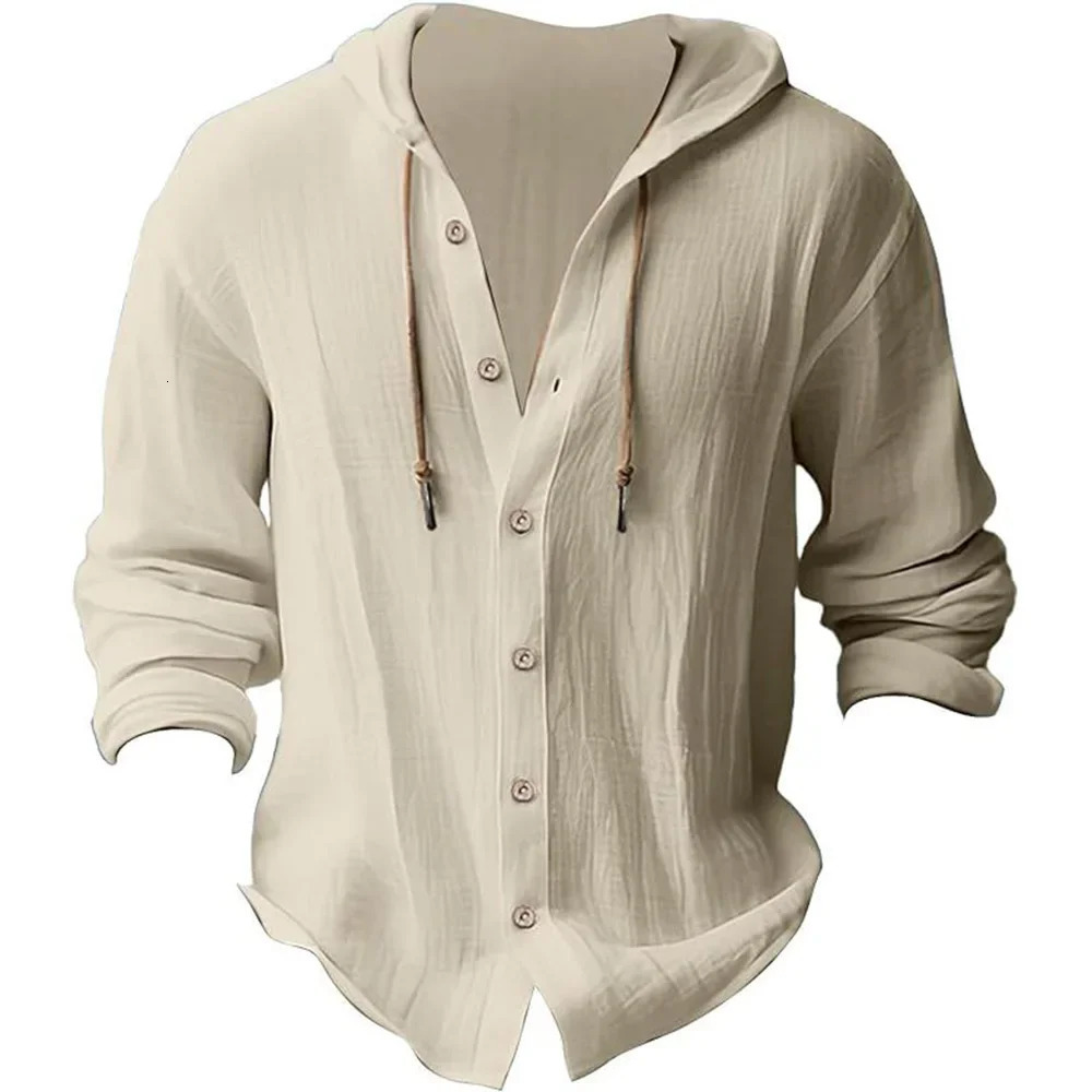 Mens Casual Hooded Tshirt Cardigan Cotton Linen Shirts Autumn Lightweight Breathable Vacation Tshirts Tops 250729