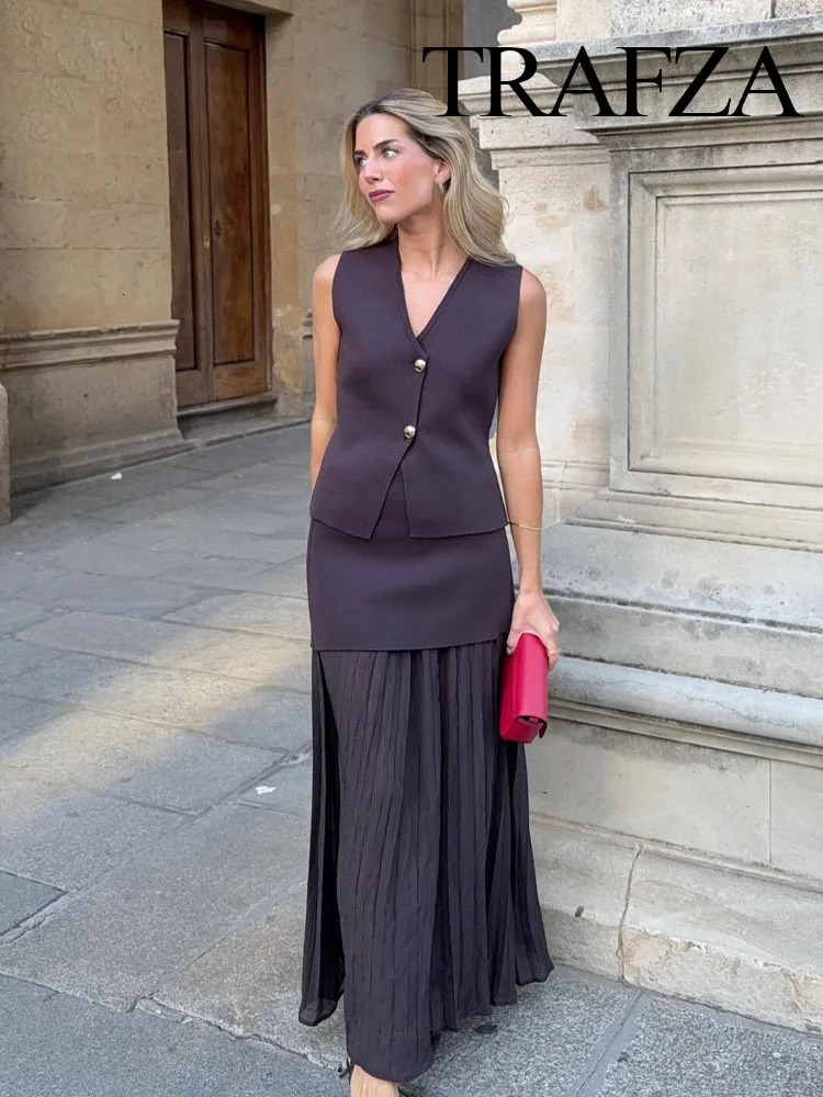 TRAFZA Women 2 Piece Set VNeck Sleeveless Button Knitted Vest TopElegant Splicing High Waist Zipper Long Skirts Holiday Suits 250729