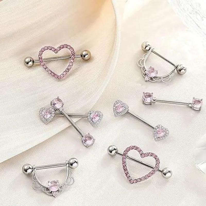 Pink Heart Nipple Piercing Barbell Set Shiny Crystal Nipple Rings Bulk For Women Flower Nippel Jewelry Pack Piercing Teton Lots 250729