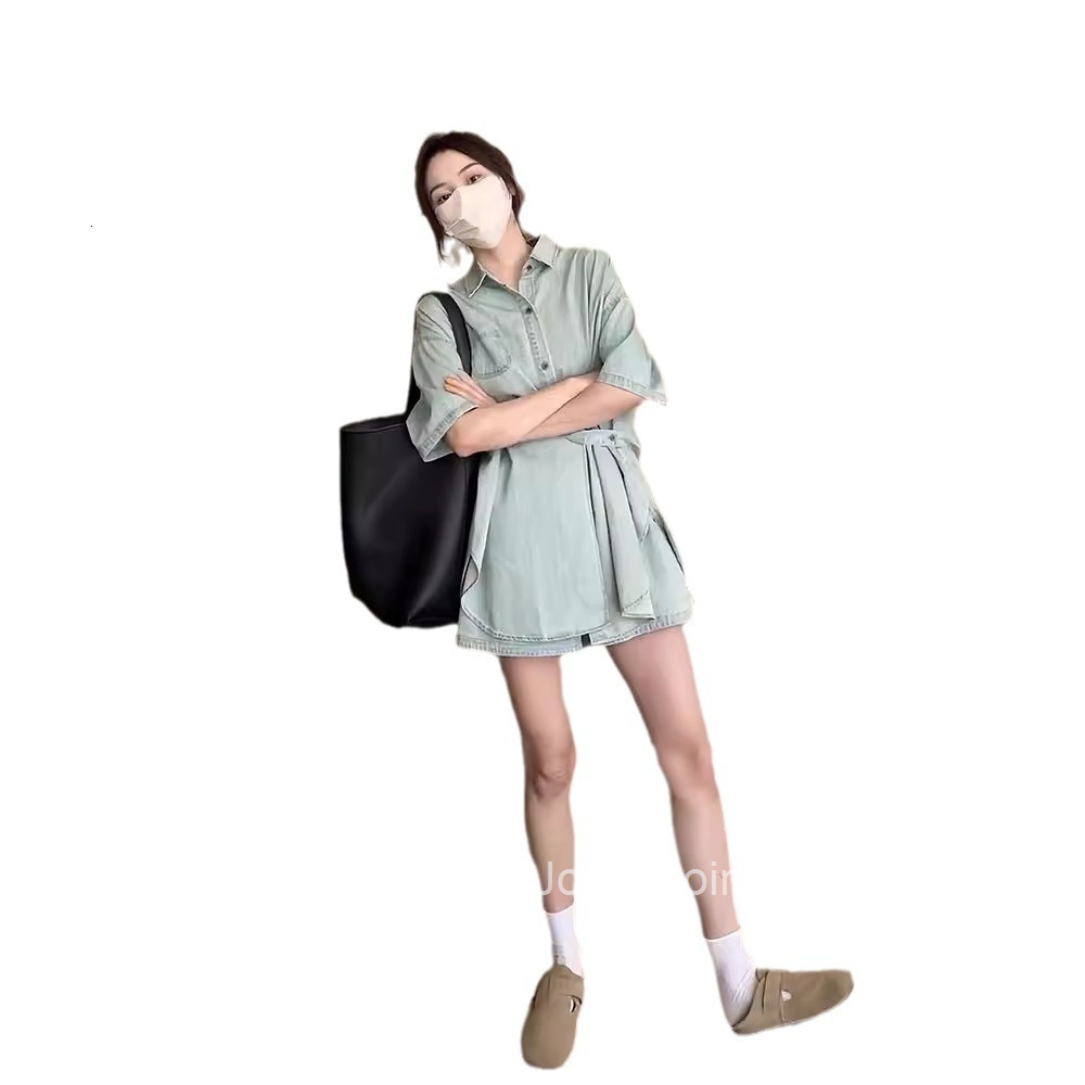 Summer Shorts Set for Women Fashion New Loose Casual Denim Half-Sleeve Top Shirt + Wide-Leg Shorts Two-Piece